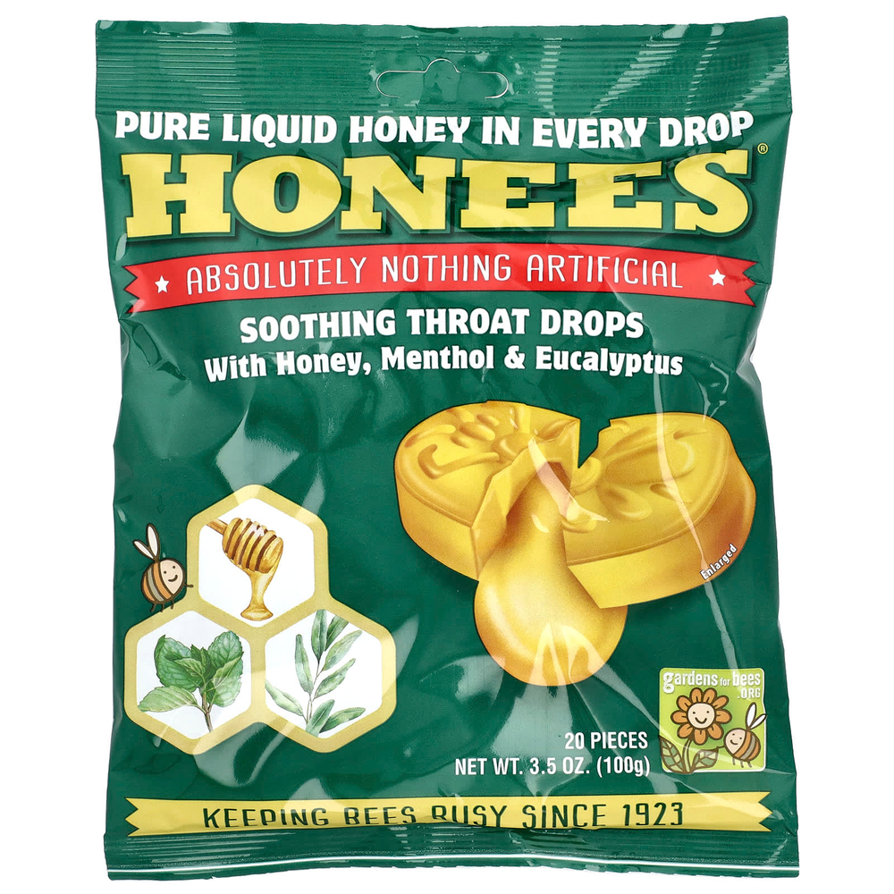 Honees, успокаивающие леденцы для горла, с мёдом, ментолом и эвкалиптом, 20 шт., 100 г (3,5 унции)