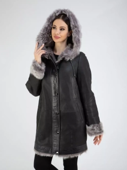 Дубленка зимняя с капюшоном натуральная оверсайз