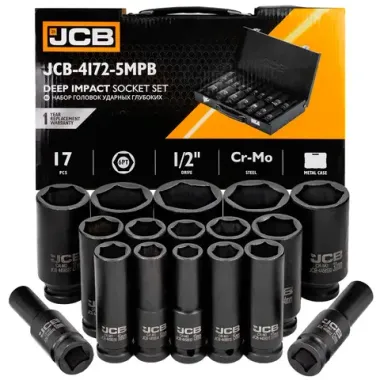 Набор головок ударных 17пр. 1/2'' (6гр.) (10,12-19,21,22,24,27,30,32,34,36мм),в метал кейсе JCB JCB-4172-5MPB