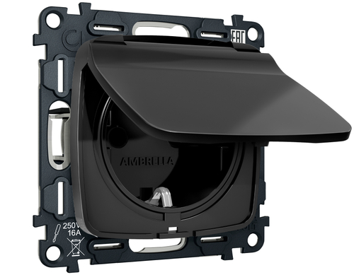 MO808010 Комплект механизма электрической розетки OMEGA Черный матовый с/з с шторками и крышкой IP44 QUANT (OP8080, VM141)