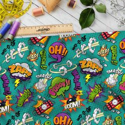 Ткань блэкаут крупные звуки из комиксов на зелёном фоне