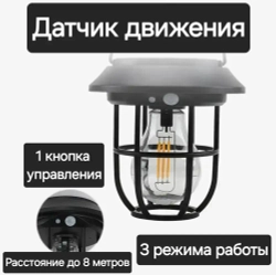 Фонарь кемпинговый на солнечной батарее / Уличный светильник всесезонный с датчиком движения/ 3 вида крепления