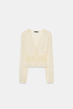 ZARA РУБАШКА ИЗ ШИФОНА С КРУЖЕВОМ, ВАНИЛЬНЫЙ