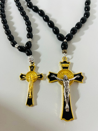 Игрушка-Подвеска на зеркало заднего вида - ЧЕТКИ ЭМАЛЬ Черная - КРЕСТ МЕТАЛЛ малый