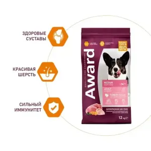 Уценка! Срок 06.2025/ Сухой корм AWARD для взрослых собак средних пород с индейкой и курицей с добавлением моркови и черной смородины