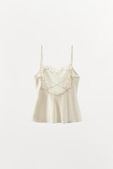 ZARA АТЛАСНЫЙ ТОП В БЕЛЬЕВОМ СТИЛЕ С КРУЖЕВОМ, ЭКРЮ