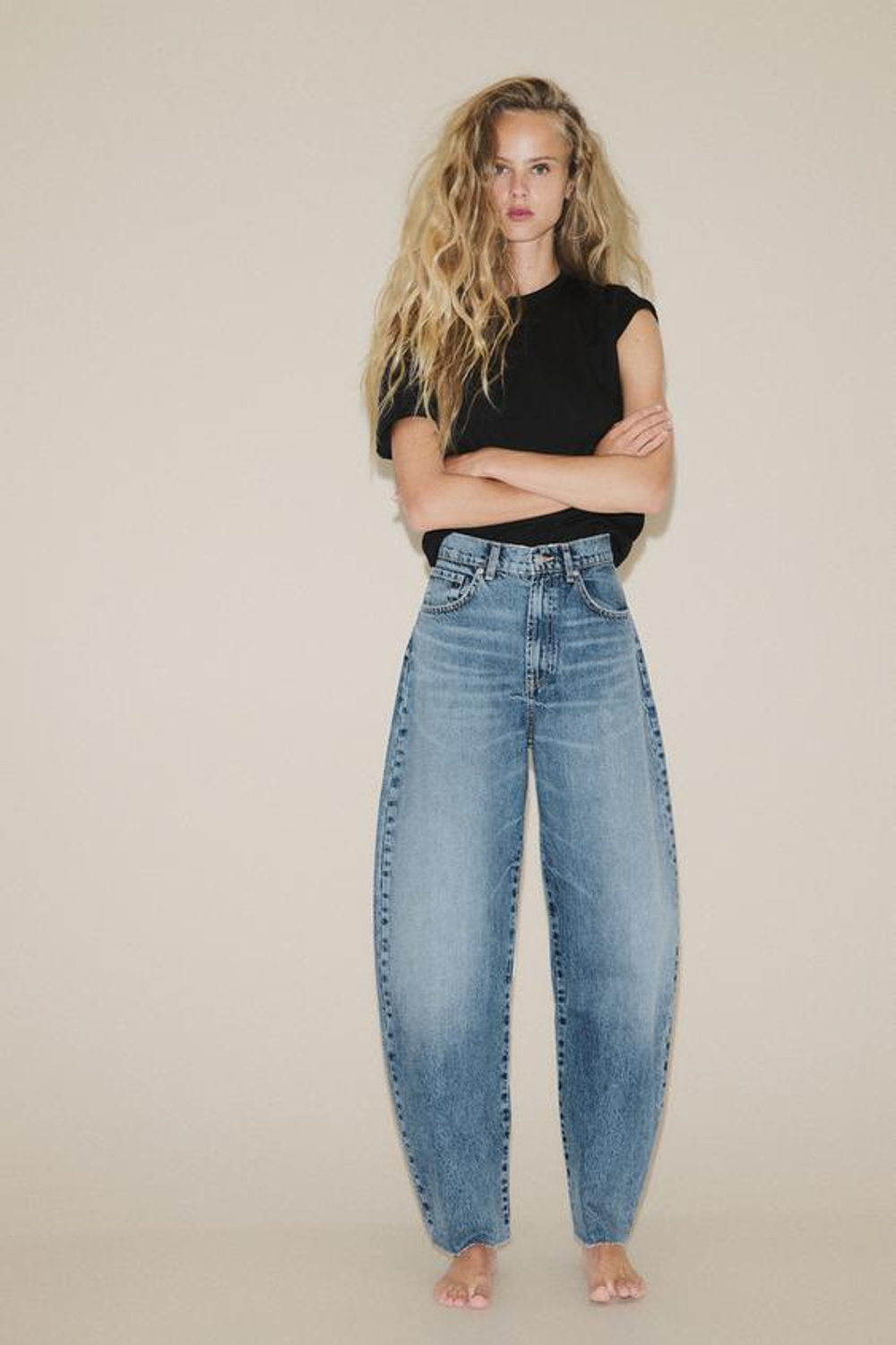 ZARA ДЖИНСЫ BARREL TRF С ВЫСОКОЙ ПОСАДКОЙ, СИНИЙ