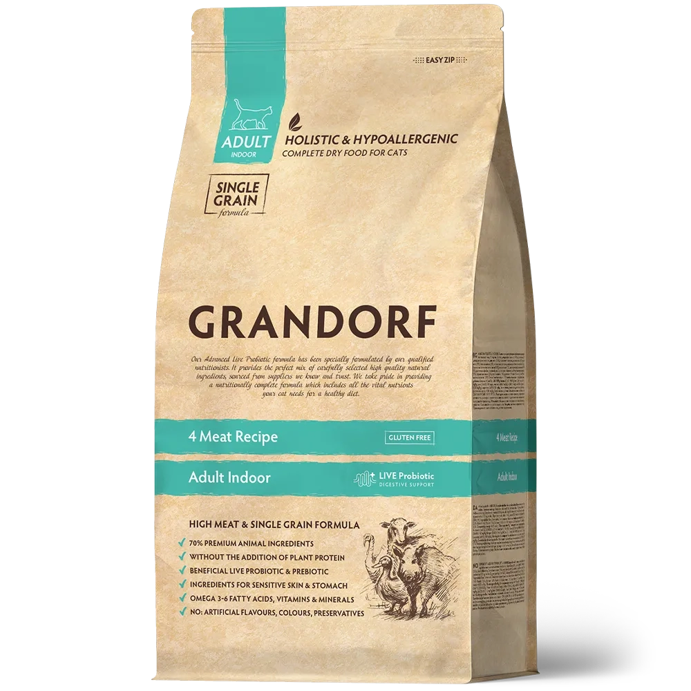 Сухой низкозерновой корм GRANDORF CAT 4 Meat PROBIOTIC INDOOR Четыре вида мяса для домашних кошек 2кг