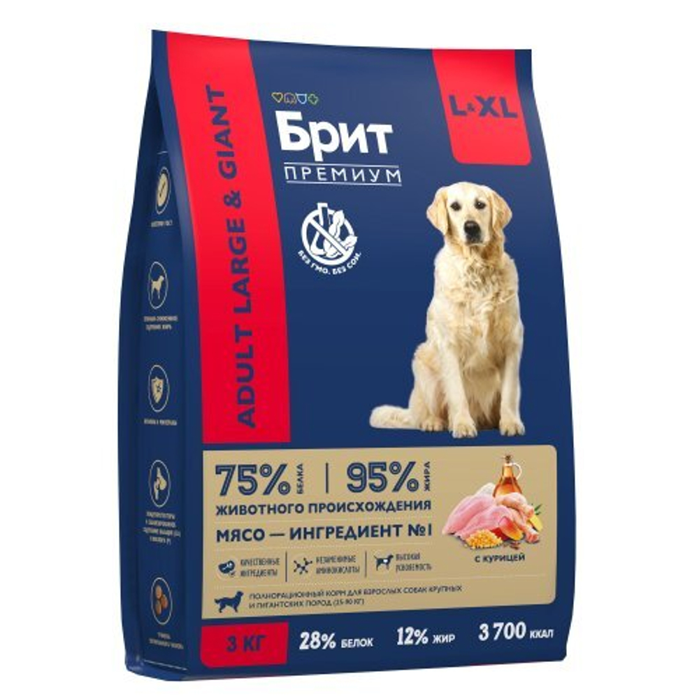 Корм для собак сухой BRIT PREMIUM с курицей для взрослых собак "Dog Adult Large and Giant", 3кг