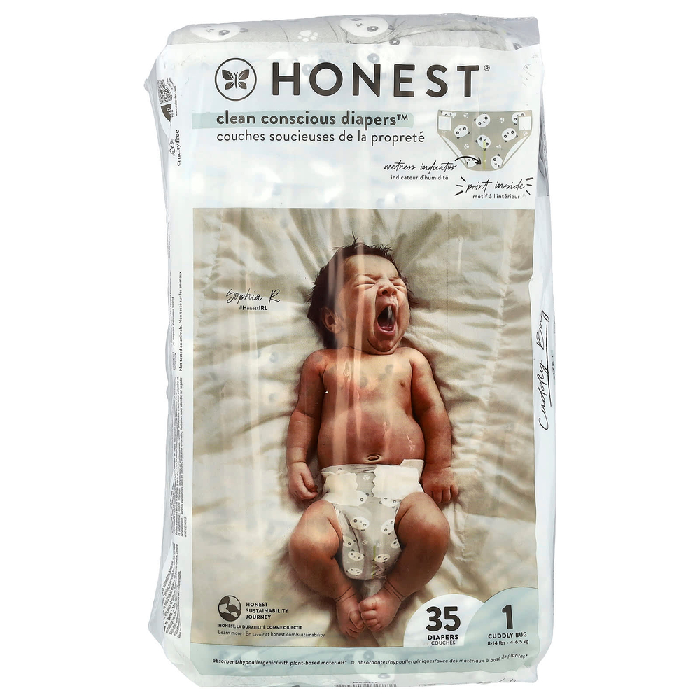 The Honest Company, Clean Conscious Diapers ™, размер 1, 8–14 фунтов, Pandas, 35 подгузников