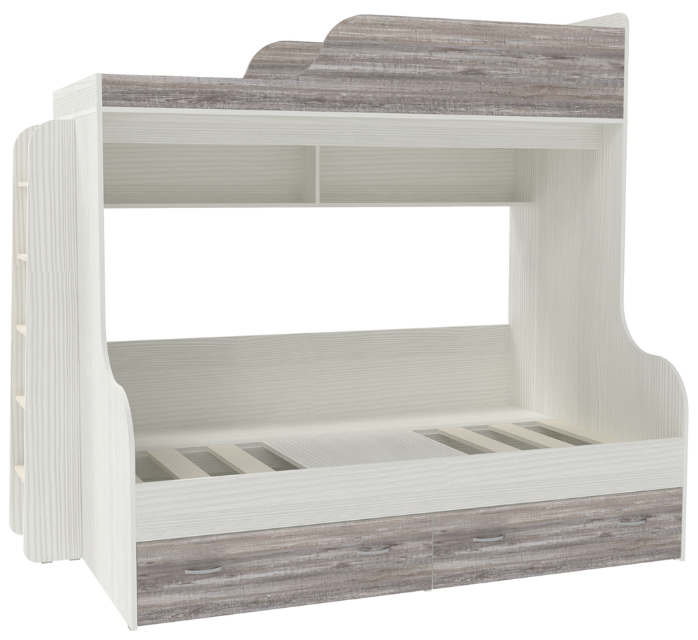 Двухъярусная кровать КарИВи Дуэт-15 с деревянной лестницей Белое Дерево Бетон