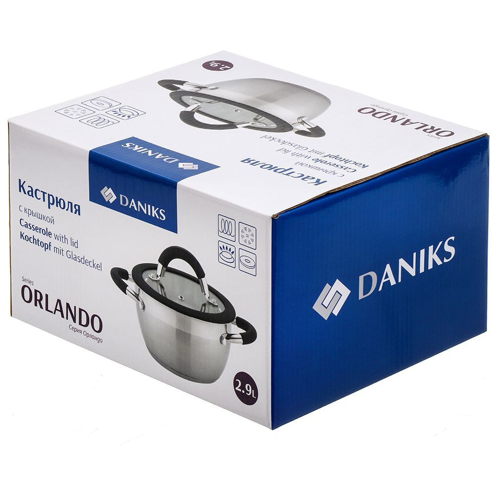 Кастрюля нерж, 2.7 л, с крыш, крышка стекло, Daniks, Орландо, GS-01435-18CA, серебр, индукц