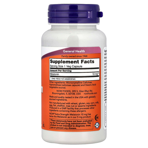 NOW Foods, мелатонин, 10 мг, 100 растительных капсул
