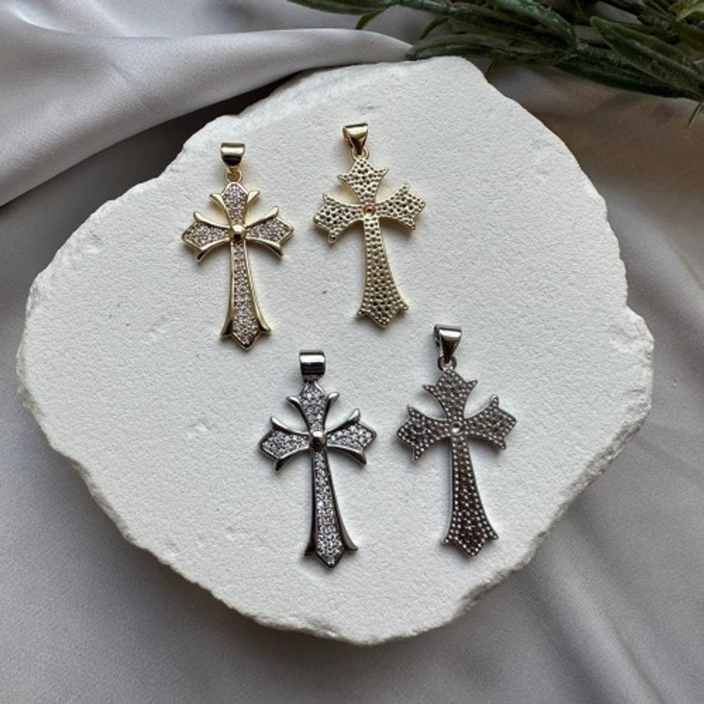 263-з Подвеска "Крест готический" с бейлом и фианитами 32мм, позолота