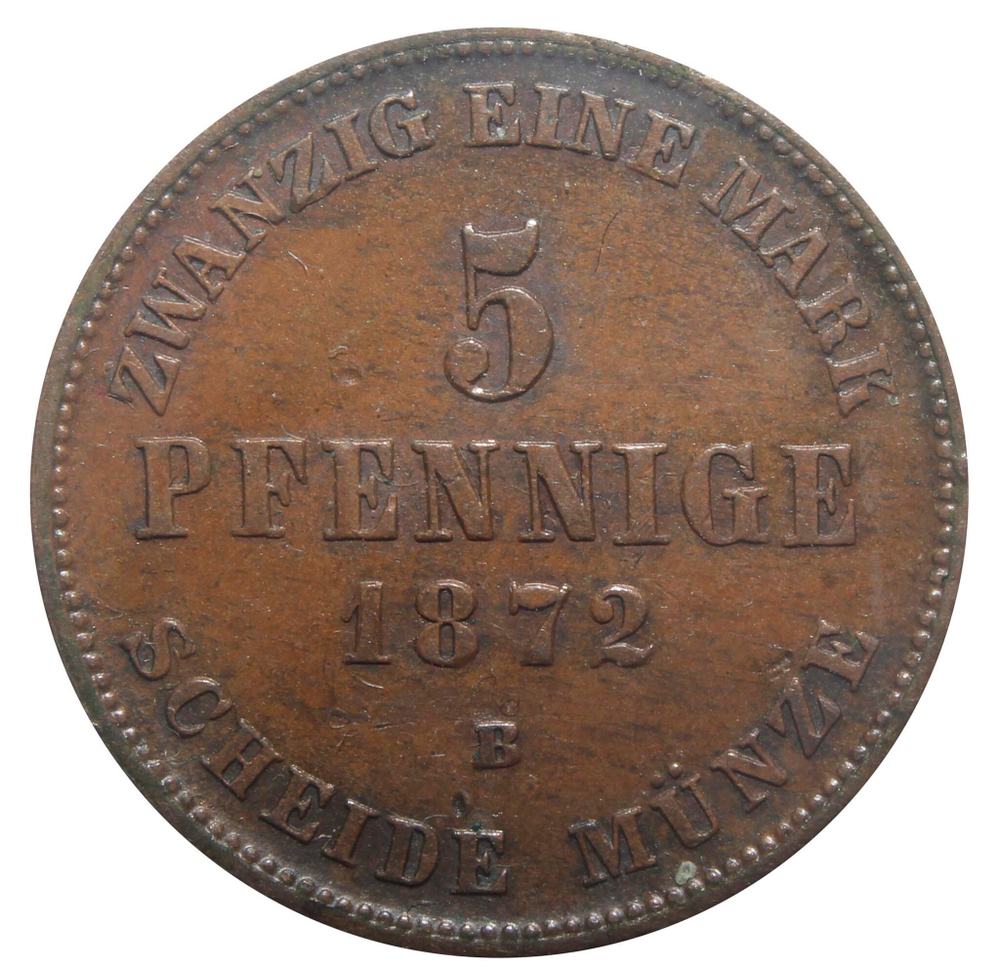 5 пфеннигов. Мекленбург-шверин. Германия. 1872 год XF+
