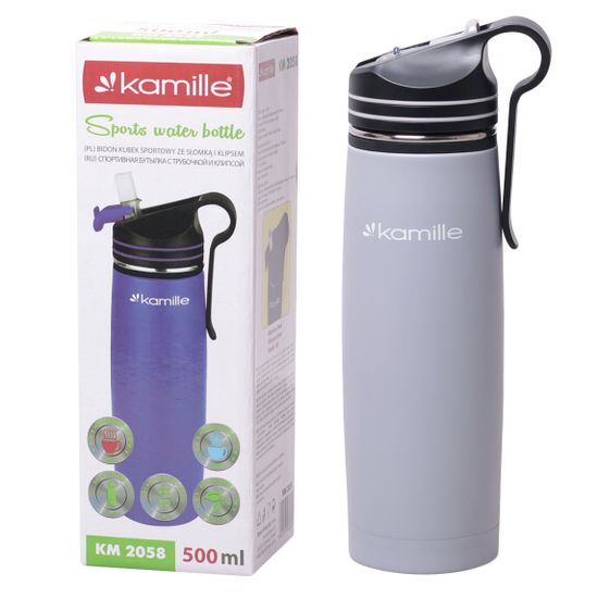 Термос-Бутылка спортивная 500 мл. Kamille KM-2058 из нержавеющей стали с трубочкой и клипсой