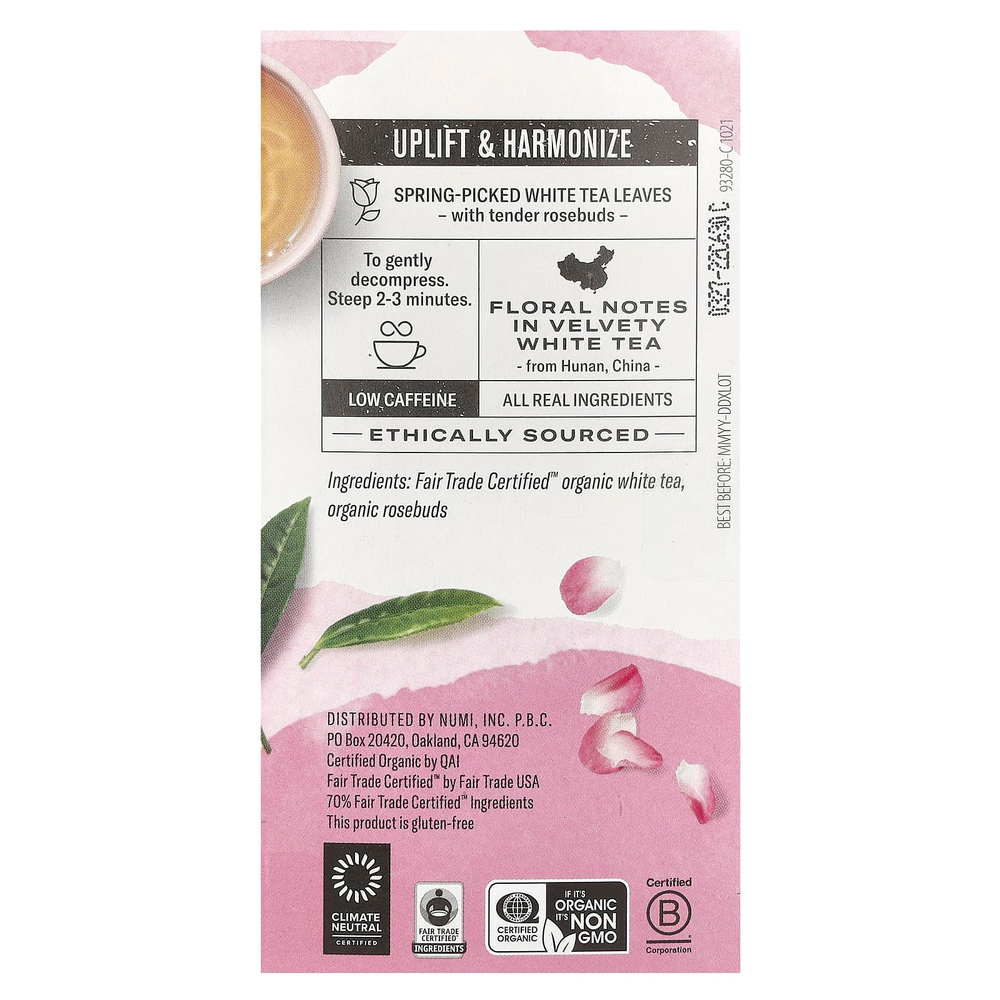 Numi Tea, органический чай, белый чай, белая роза, 16 чайных пакетиков, 32 г (1,13 унции)