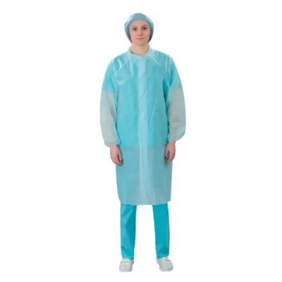 Халат одноразовый защитный с воротником размер 56-58 длина 110 см на липучках спереди плотность 42