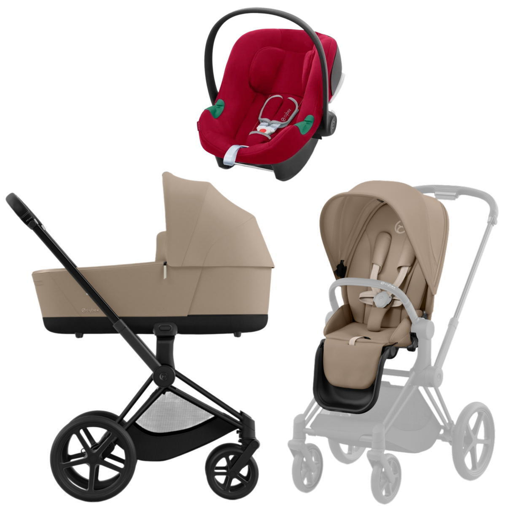 Коляска 3 в 1 Cybex Priam IV Matt Black complete и автокресло Aton B2 i-Size Dynamic Red Cozy Beige