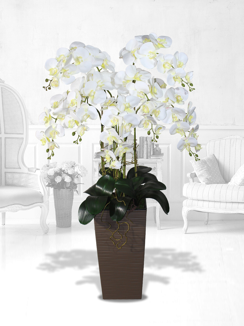 Искусственные Орхидеи белые 7 веток 120см в напольном кашпо кофе