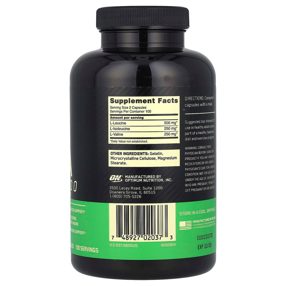 Optimum Nutrition, BCAA 1000, аминокислоты с разветвлённой цепью, 200 капсул (500 мг в 1 капсуле)