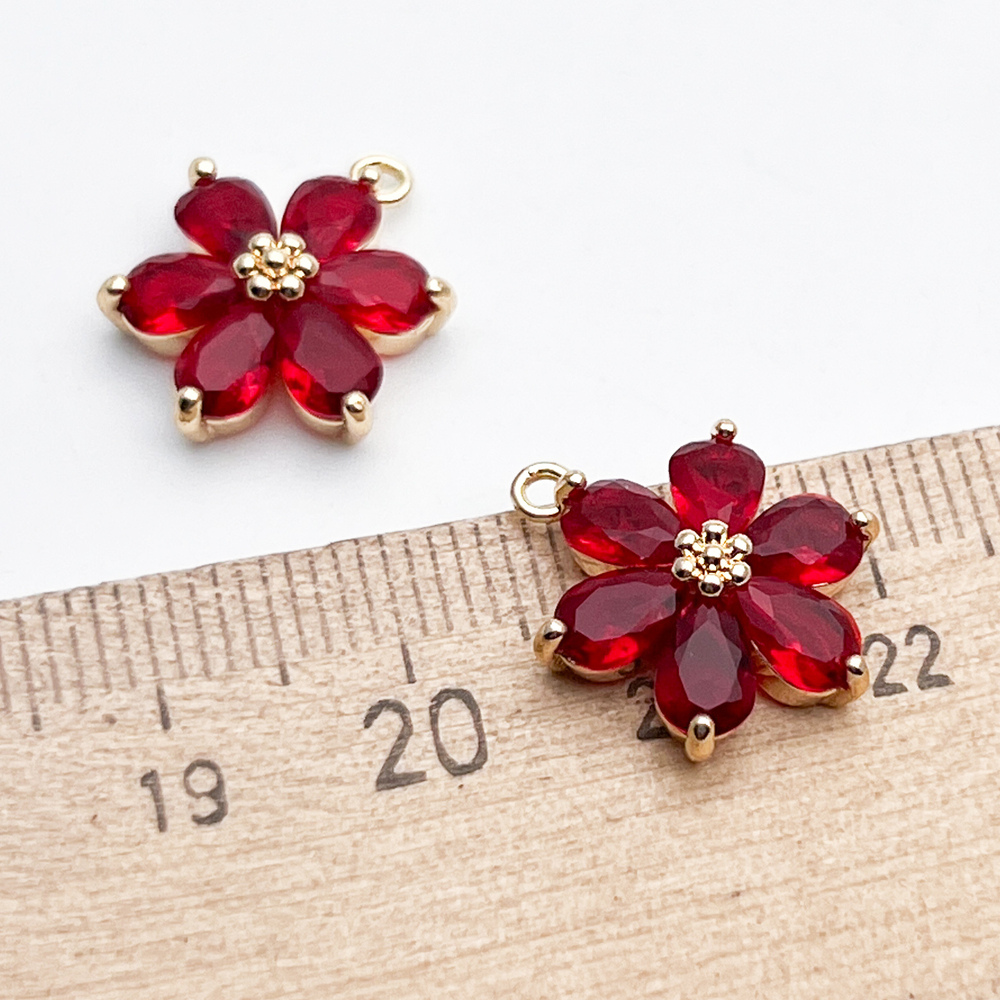 Подвеска Цветок, цвет золото + красный, размер 17*13 мм, цена за 1 шт