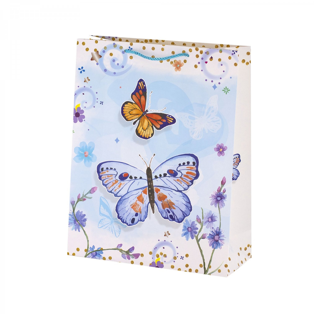 Пакет подарочный бумажный Alingar, (L+) 26х32х10 см, вертикальный, "Нежные бабочки", матов. ламинация, ассорти