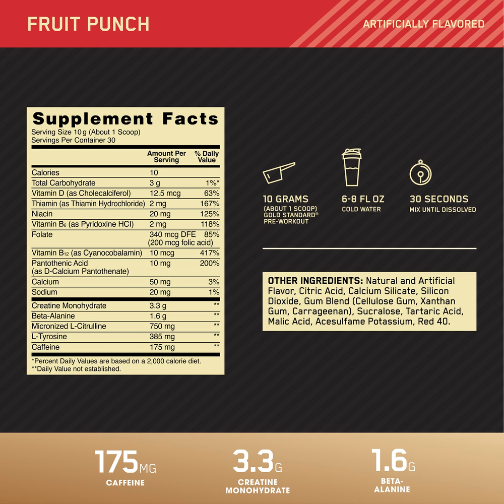 Optimum Nutrition, Gold Standard, предтренировочный комплекс, фруктовый пунш, 300 г (10,58 унции)