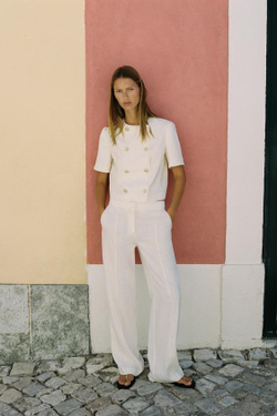 ZARA ПРЯМЫЕ БРЮКИ ИЗ ЛЬНЯНОЙ ТКАНИ С КОНТРАСТНОЙ СТРОЧКОЙ, ЭКРЮ