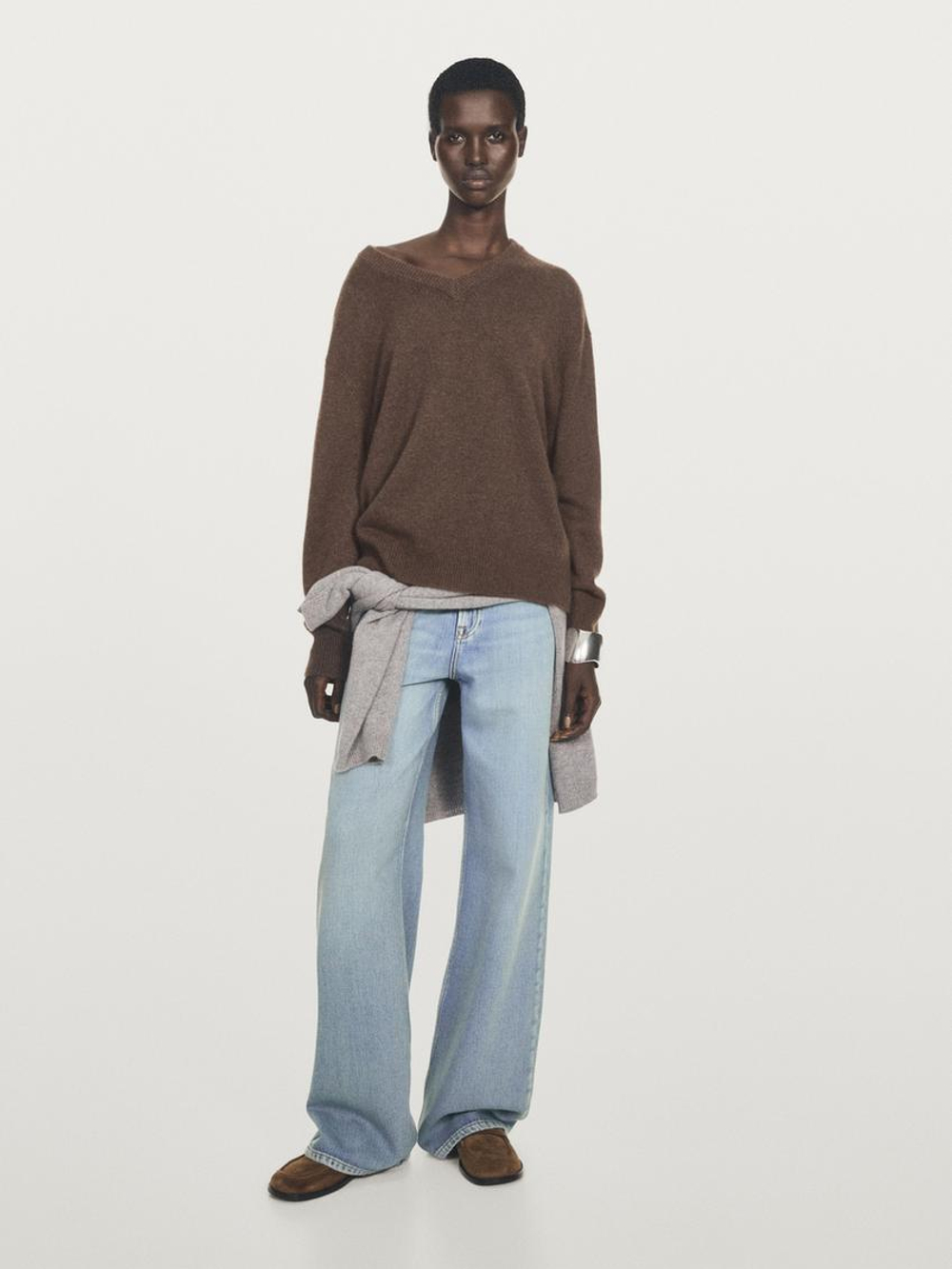 Massimo Dutti Свитер из 100% кашемира с V-образным вырезом, коричневый