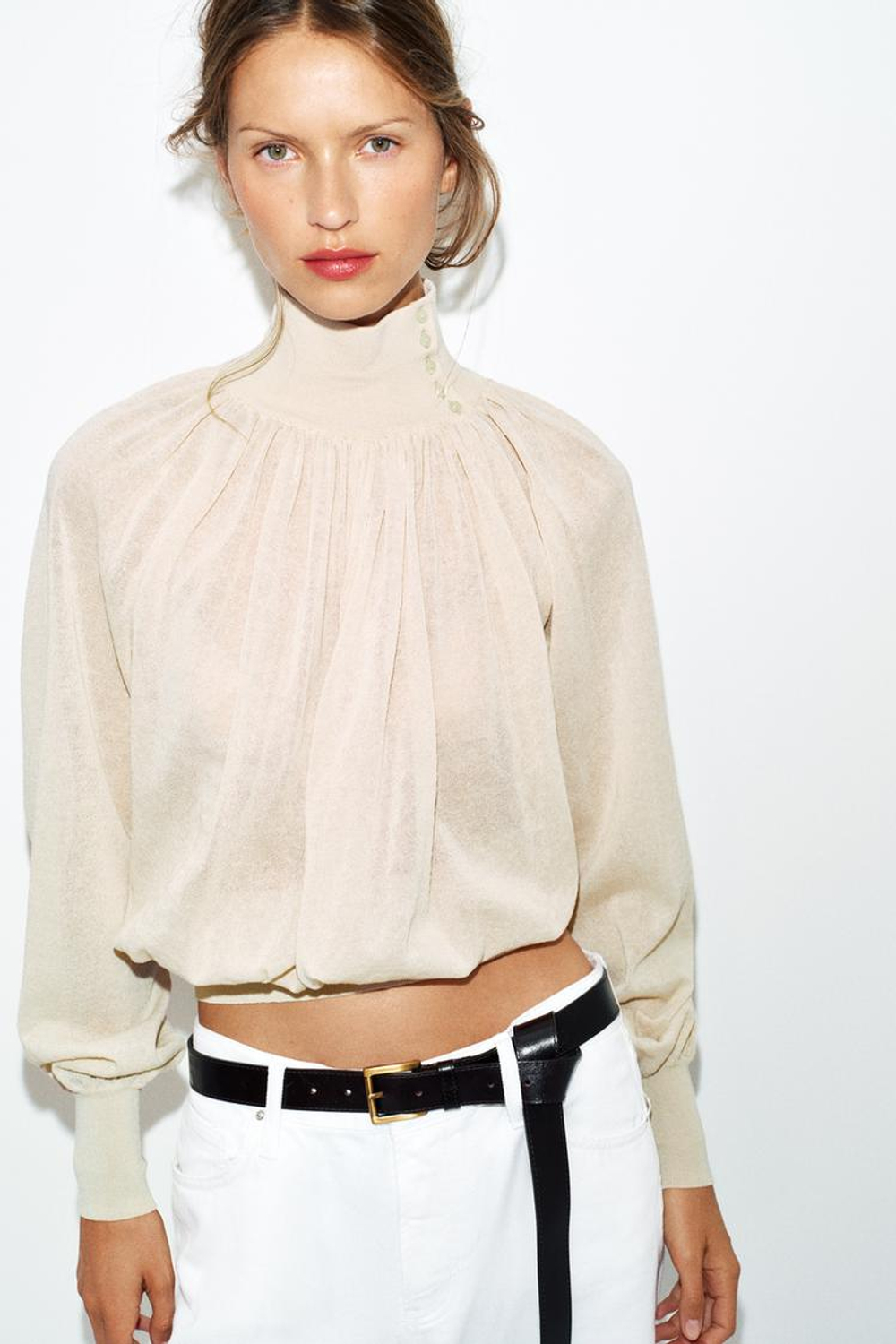 ZARA БЛУЗА СВОБОДНОГО КРОЯ ИЗ КОМБИНИРОВАННОГО ТРИКОТАЖА, ПЕСОЧНЫЙ