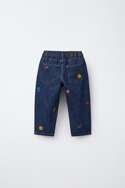 ZARA ДЖИНСЫ-БАГГИ С ВЫШИВКОЙ «ТАЧКИ: МОЛНИЯ МАККУИН» © DISNEY, СИНИЙ