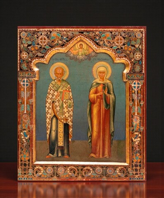 Николай Чудотворец и Зинаида Тарсийская мученица. Деревянная икона на левкасе