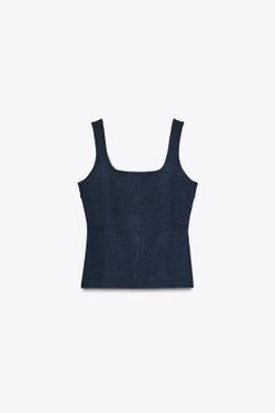 ZARA ОДНОТОННЫЙ ТРИКОТАЖНЫЙ ТОП-КОРСЕТ, МОРСКОЙ СИНИЙ