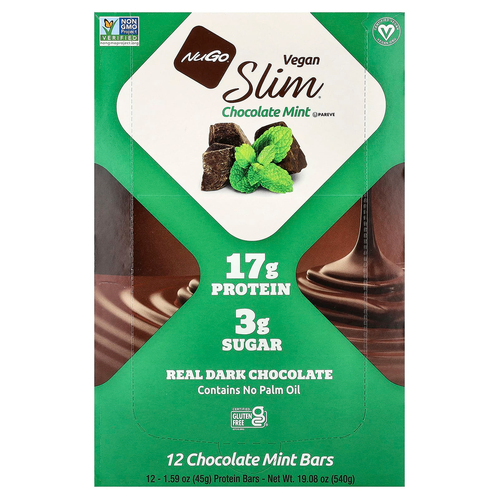 NuGo Nutrition, Slim®, веганские протеиновые батончики, шоколад и мята, 12 батончиков по 45 г (1,59 унции)