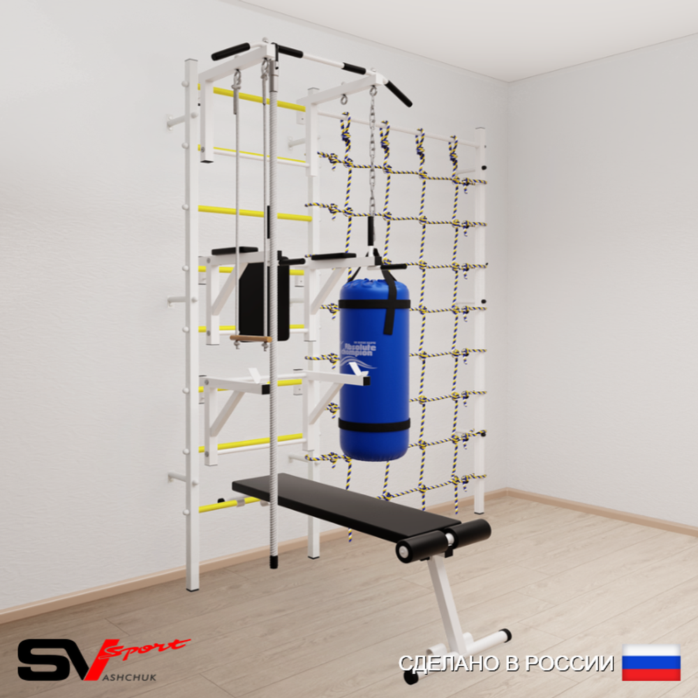 Шведская стенка Sv Sport 59620 (Турник стандарт/Брусья/Стойка/Скамья/Канат/Трапеция/Цепь/Мешок 22кг/Канатный лаз)