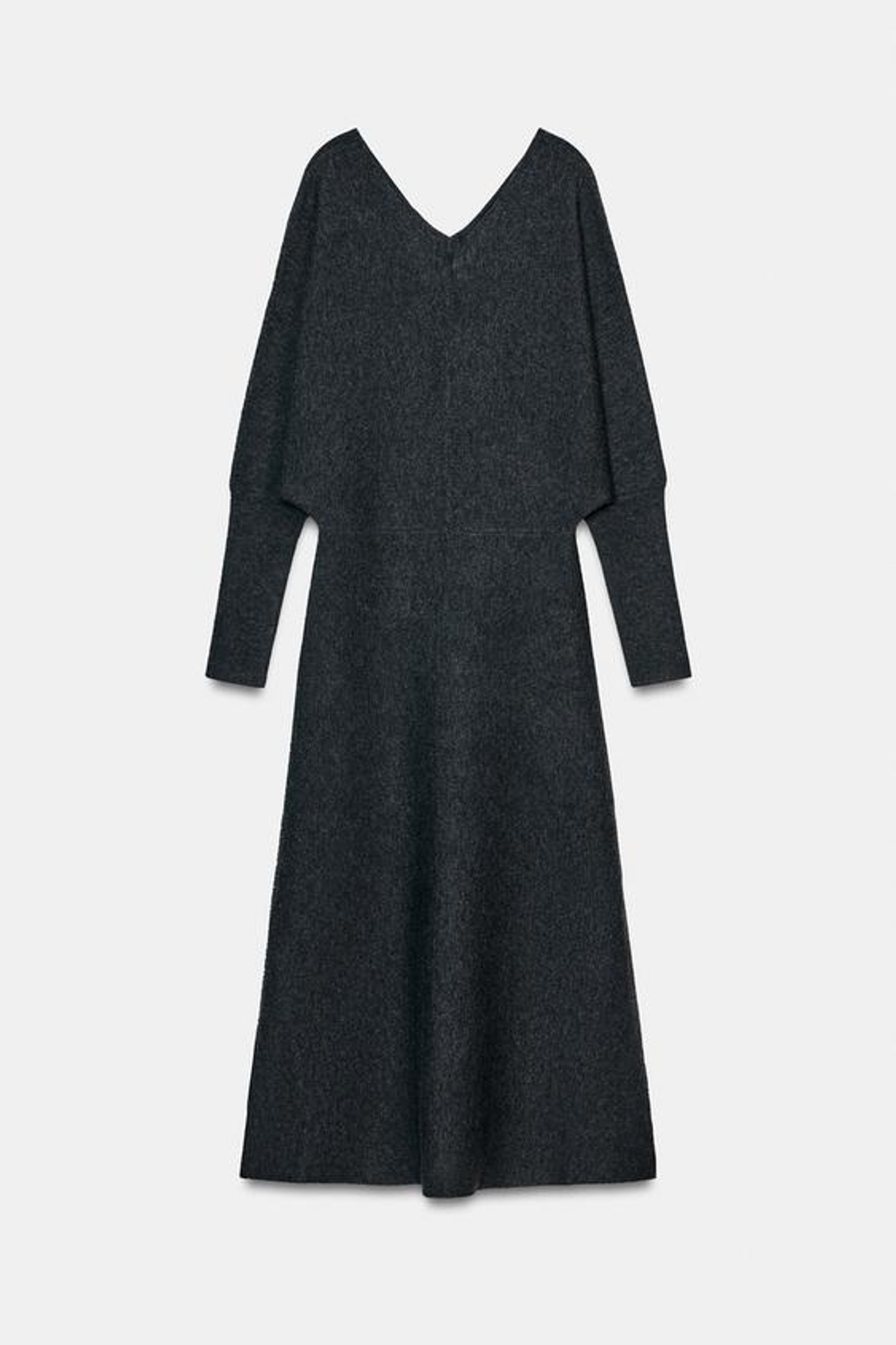 ZARA ТРИКОТАЖНОЕ ПЛАТЬЕ МИДИ С V-ОБРАЗНЫМ ВЫРЕЗОМ, СЕРЫЙ