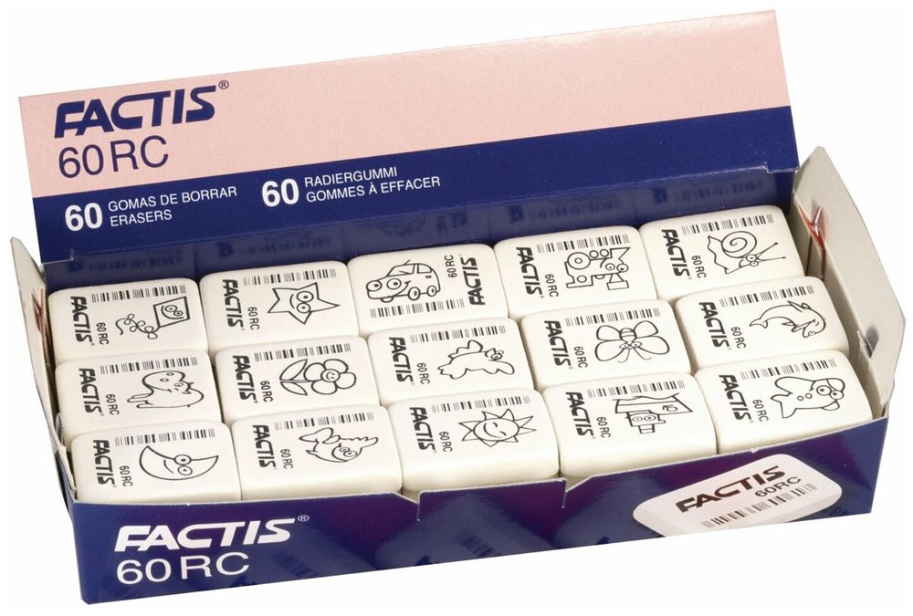 Ластик FACTIS 60 RC (Испания), 32х24х7 мм, белый, ассорти, прямоугольный, мягкий, CNF60RC