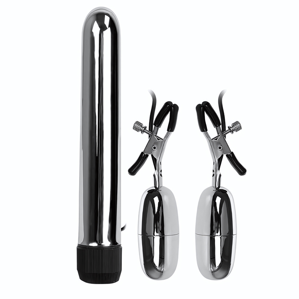 Набор из вибратора и вибростимуляторов для груди Turbo NippleClamps (Цвет: серебристый)