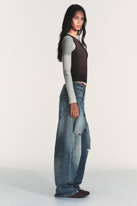 ZARA ФУТБОЛКА С ЭФФЕКТОМ ТРОЙНОГО СЛОЯ И ДЛИННЫМИ РУКАВАМИ, КОРИЧНЕВЫЙ