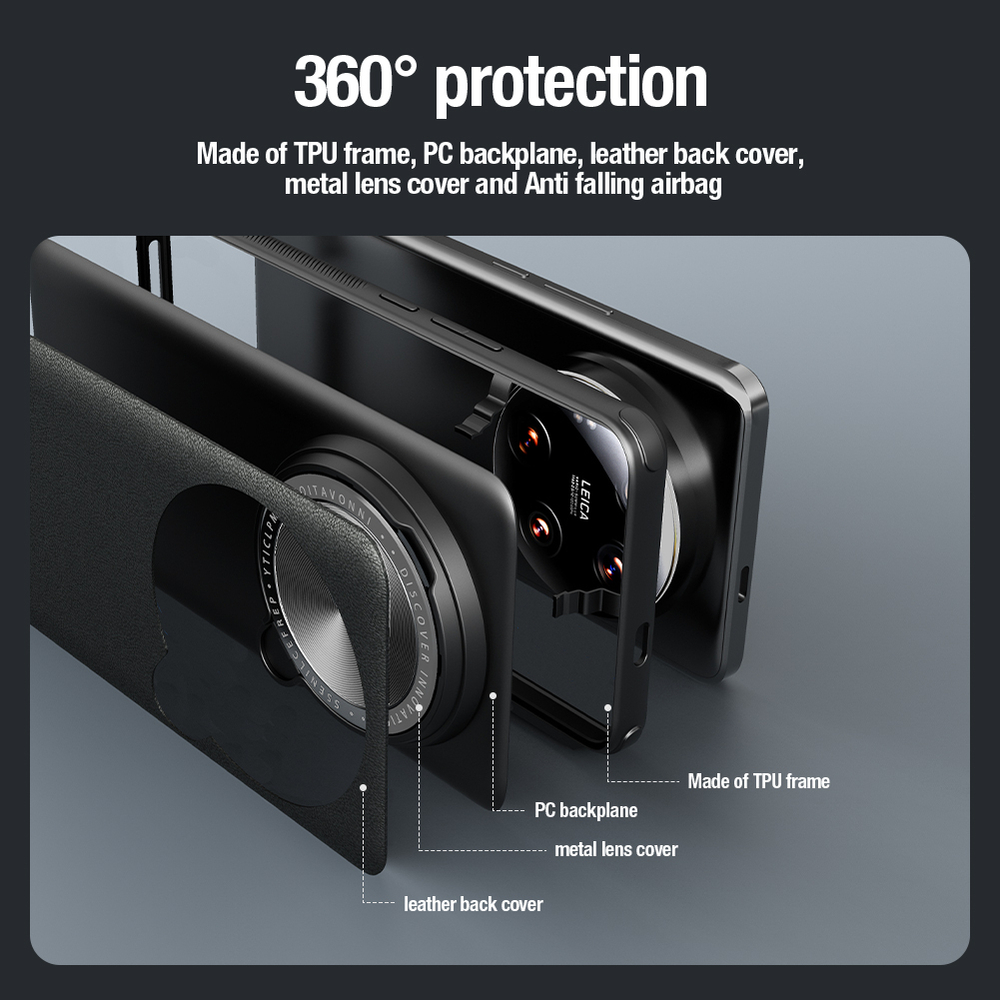 Чехол с вставками из кожи от Nillkin для Xiaomi 14 Ultra, с откидной металлической крышкой для камеры, серия CamShield Prop Leather Case