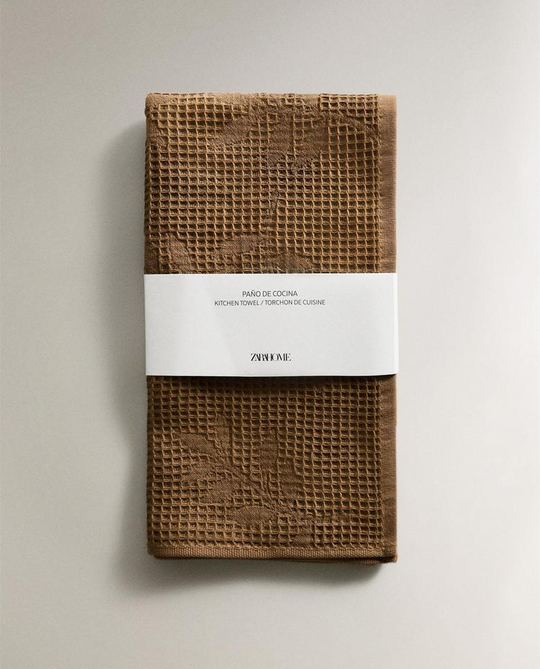 ZARA HOME КУХОННОЕ ПОЛОТЕНЦЕ С ВАФЕЛЬНЫМ УЗОРОМ, КОРИЧНЕВЫЙ
