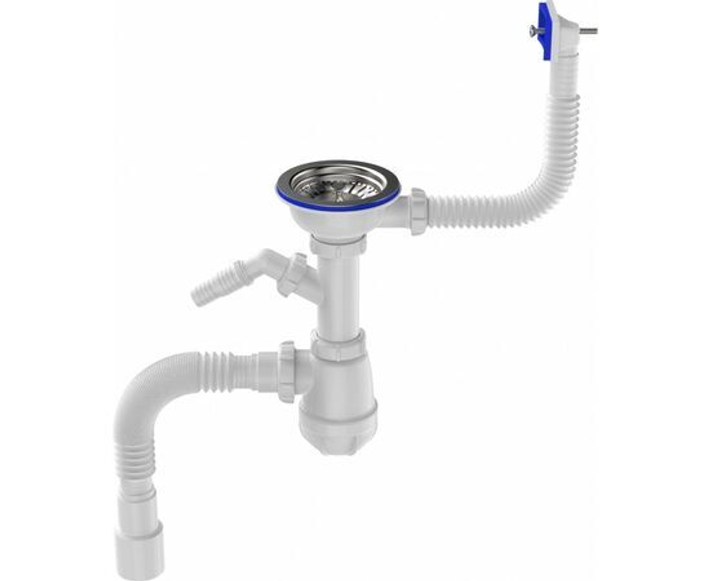 Сифон для мойки 3 1/2"х40 с металлической решеткой с прямоугольным переливом с гофротрубой 40х40/50 Aquant B0148-20-MR