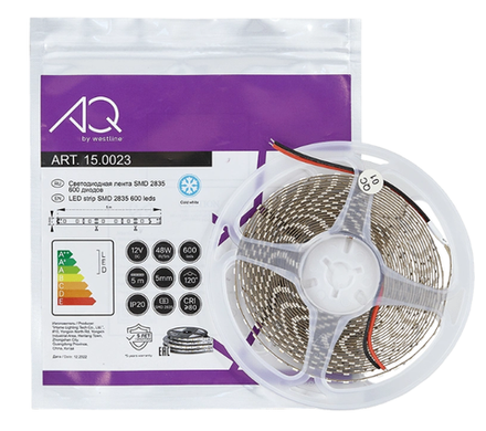 Лента светодиодная 2835, 120 LED/м, 12V, 9,6W/м, 5 мм, IP20, холодный белый, AQ/Айкью