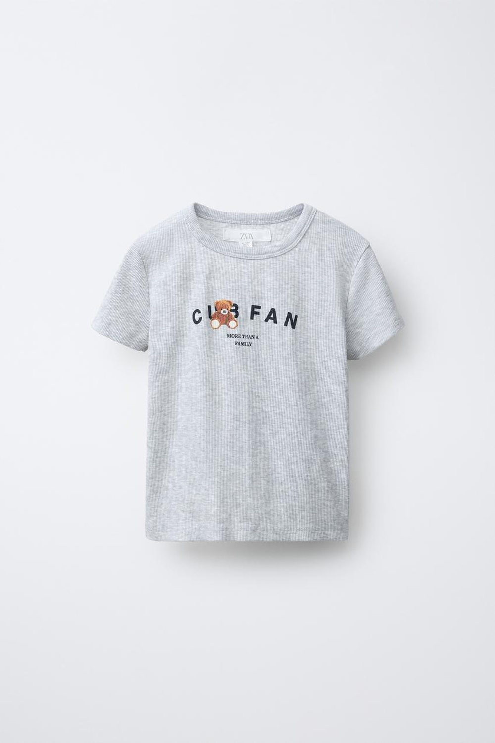 ZARA ФУТБОЛКА В РУБЧИК С ПРИНТОМ «МЕДВЕДЬ», СЕРЫЙ МЕЛАНЖ