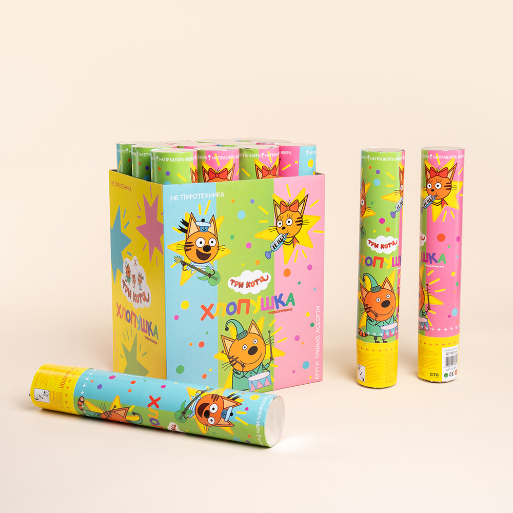 Пневмохлопушка «Три кота. Круги» разноцветные металлик, 30 см, 1 шт.