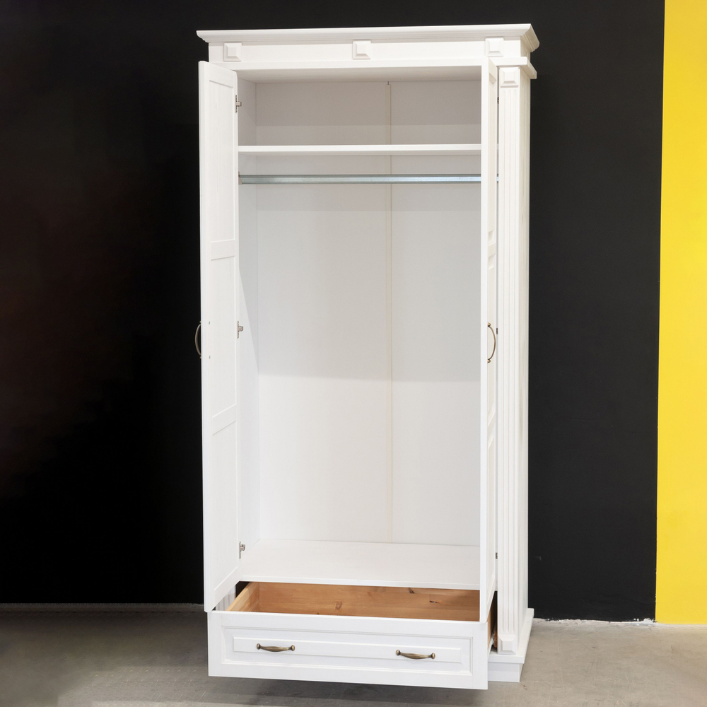 Шкаф для одежды распашной белый Харви двухдверный деревянный с ящиком, со штангой и полкой, шкаф для вещей в прихожую и спальню с филенкой в викторианском стиле из массива сосны