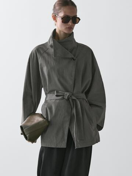 Massimo Dutti Короткий тренч из смесового хлопка с поясом, средне-синий