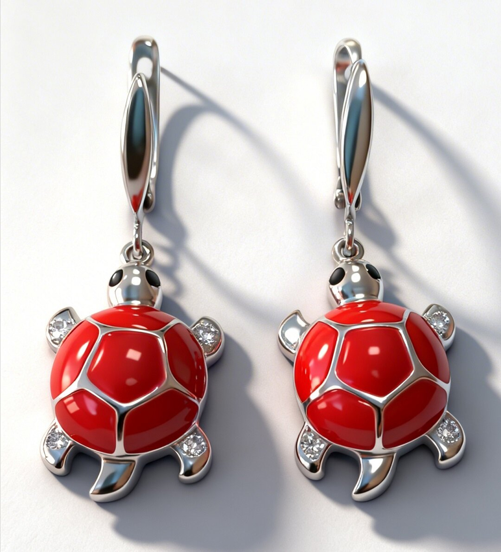 Ювелирные серьги"Черепаха" из серебра 925 пробы,вставка эмаль,фианиты
