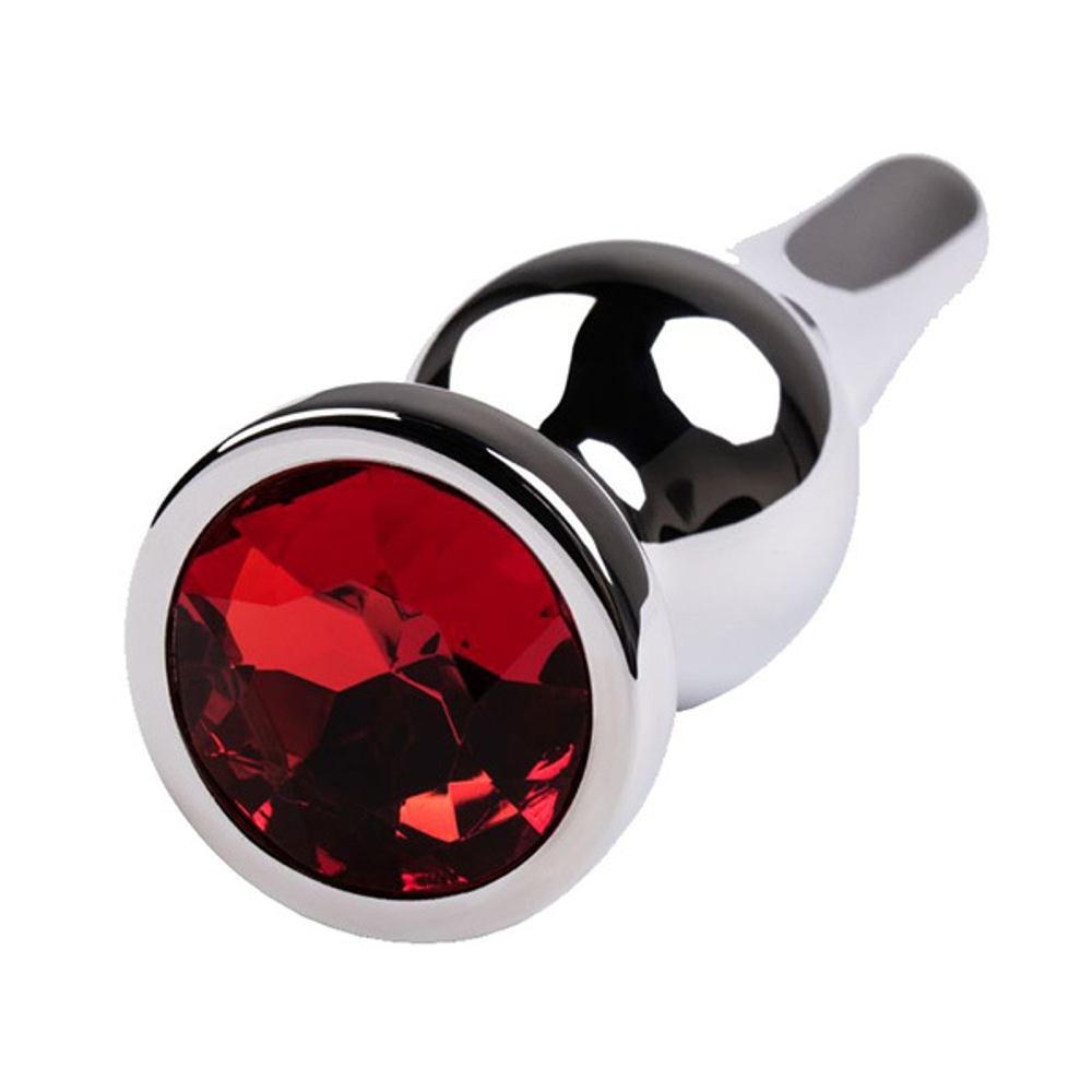 Серебристая вытянутая анальная пробка 10см с красным кристаллом ToyFa Metal 717049-9